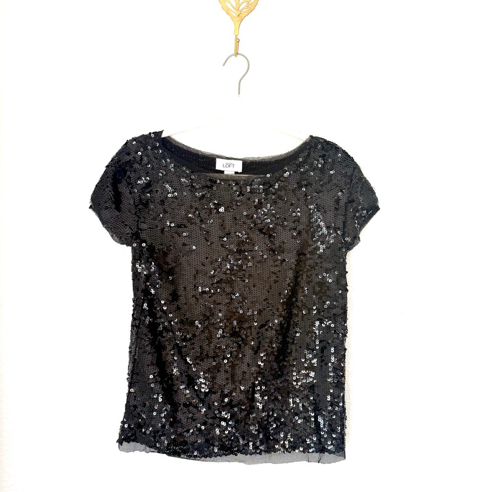 LOFT Black Sequin Short Sleeve Tee